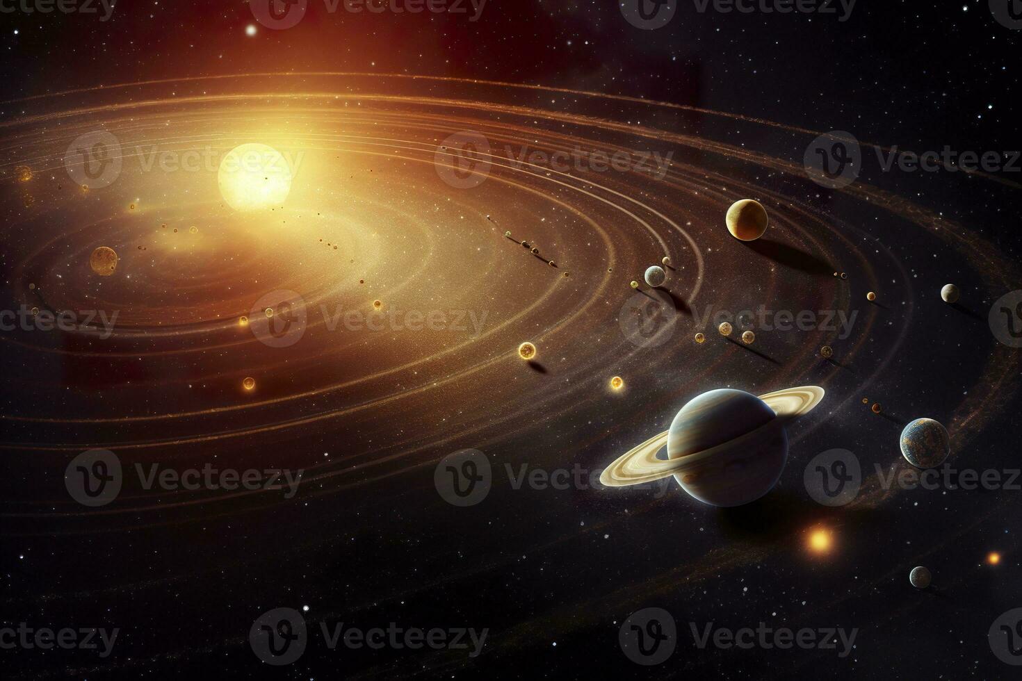 AI generated Our 3d Solar system with planets in orbits path. AI Generative photo