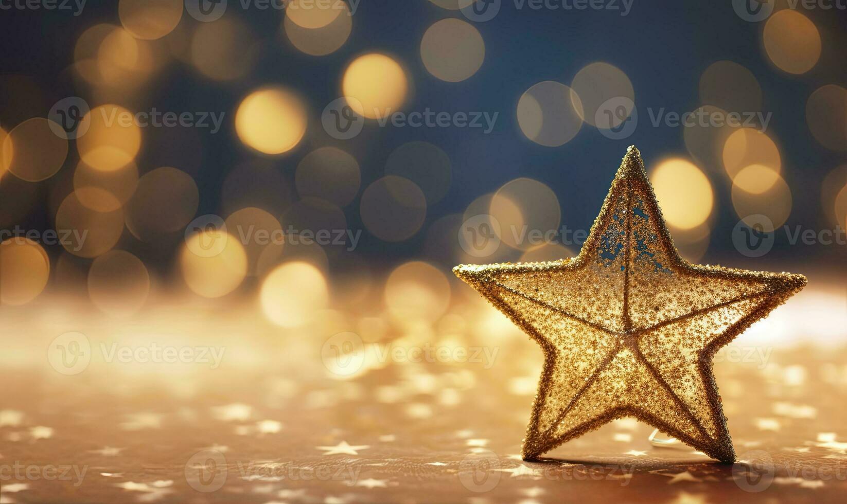 AI generated Sparkling Golden Christmas Star. Ornament Decoration Defocused Bokeh Background. AI Generated photo