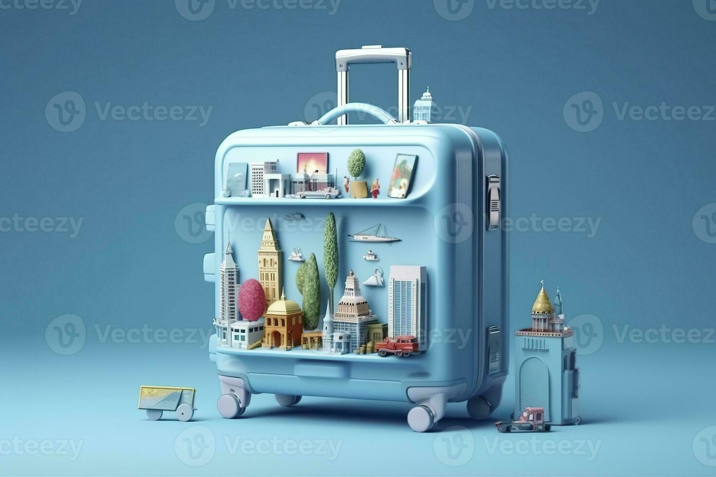AI generated Blue suitcase full of landmarks and travel accessories on blue background. Generative AI photo