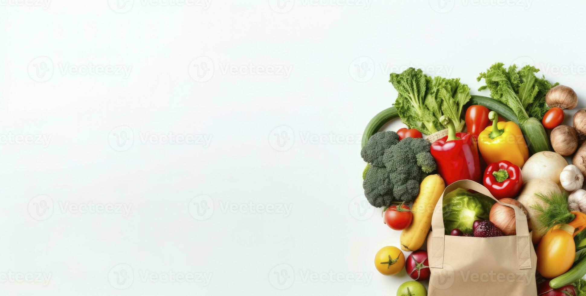 AI generated Healthy food in paper bag vegetables and fruits on white background. AI Generated photo