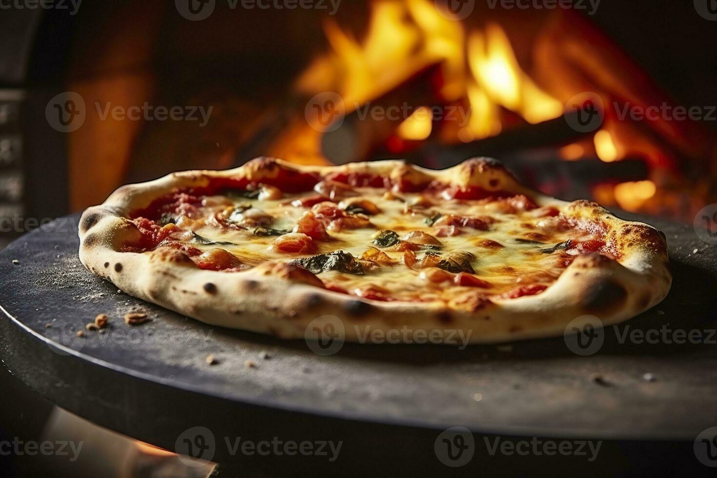 AI generated Freshly baked pizza closeup, traditional wood fired oven background. AI Generated photo