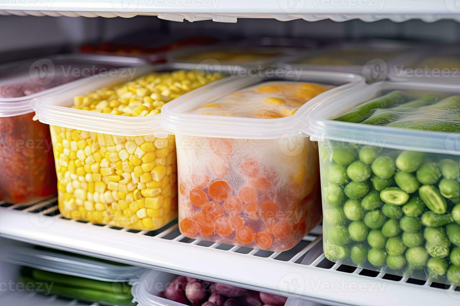 AI generated Frozen food in the freezer. Frozen vegetables. AI Generated photo