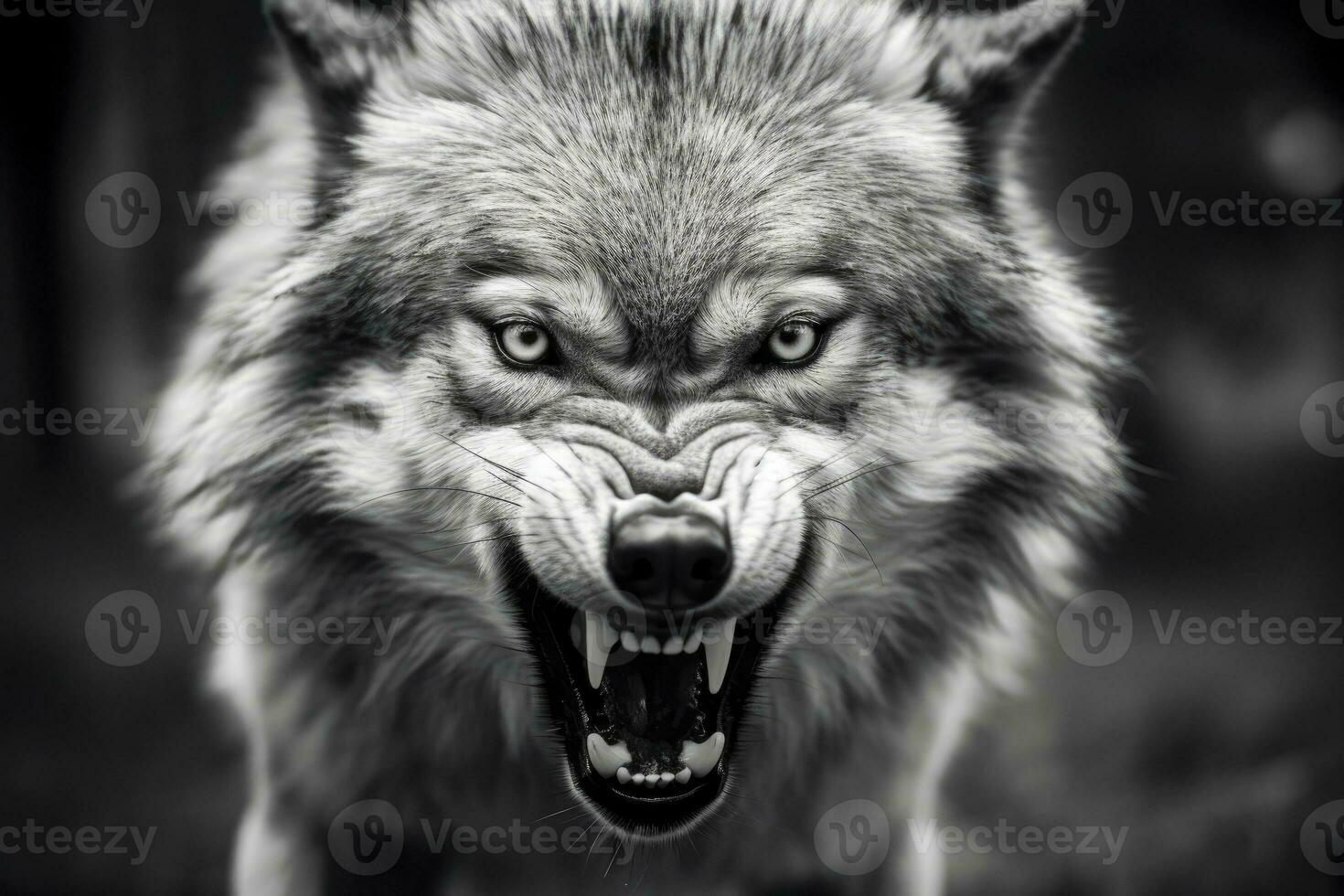 AI generated Greyscale closeup shot of an angry wolf with a blurred background. AI Generated photo