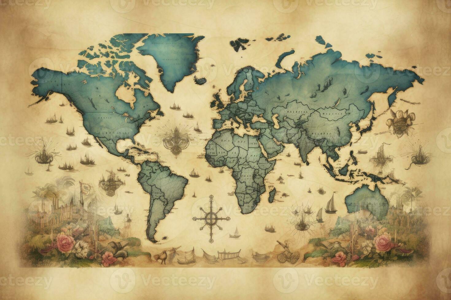 AI generated Great detailed illustration of the world map in vintage style. AI Generated photo