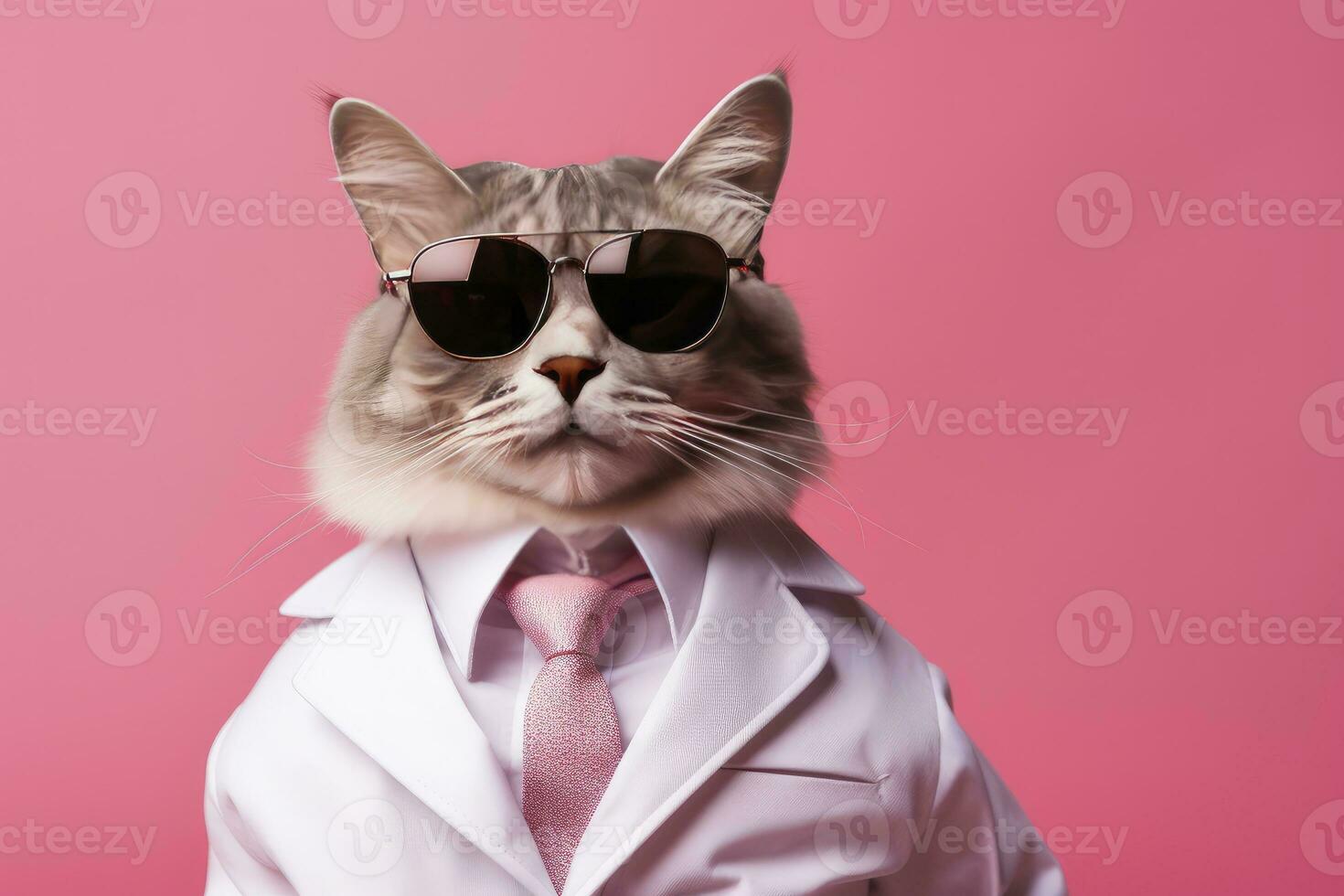 AI generated A cat is wearing sunglasses and suit on Pink Background. AI Generated photo