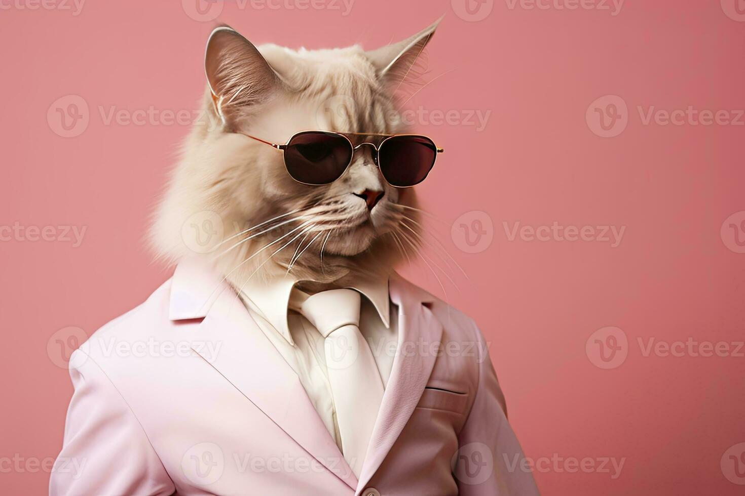 AI generated A cat is wearing sunglasses and suit on Pink Background. AI Generated photo