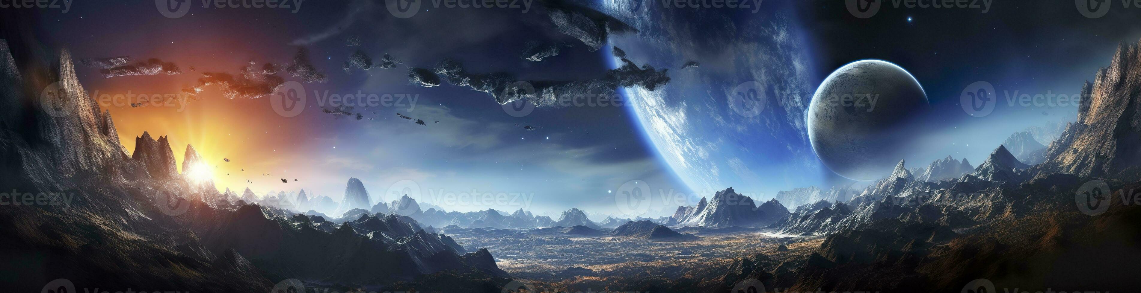 AI generated Panorama of distant planet system in space 3D rendering elements. Generative AI photo