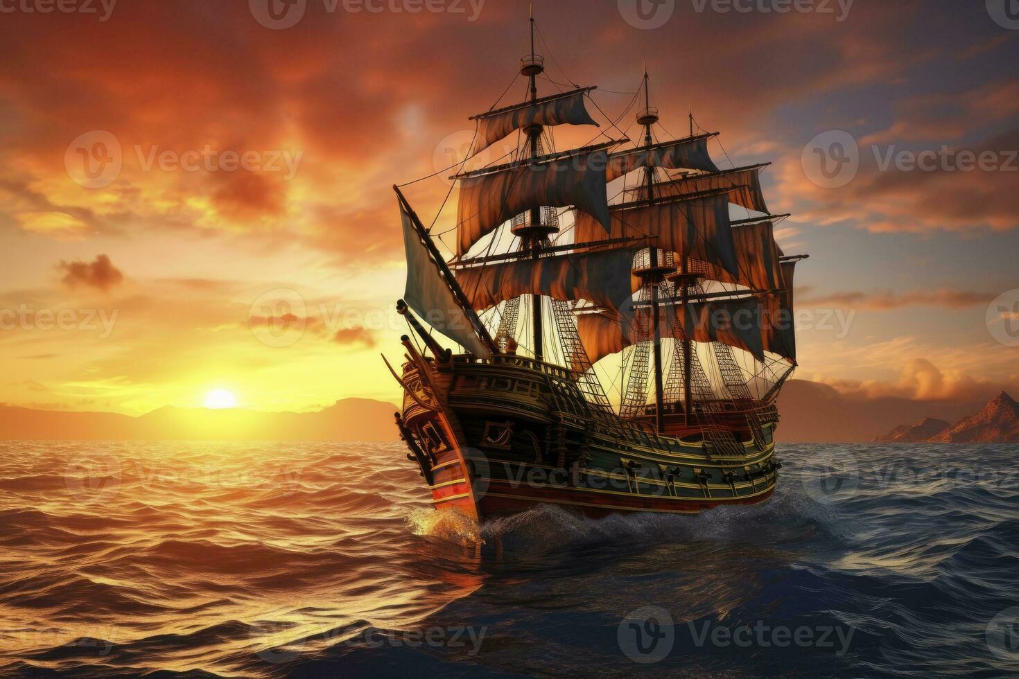 AI generated Pirate ship sailing on the ocean at sunset. Vintage cruise. AI Generated photo