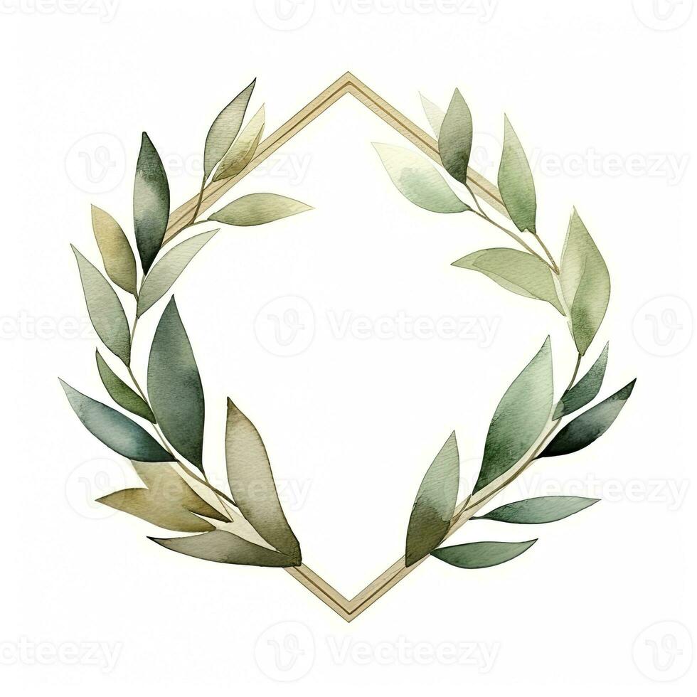 AI generated Watercolor geometry shape wreath with green leaf. AI Generated photo