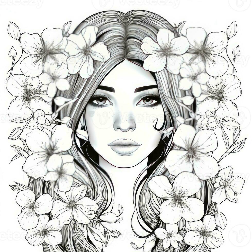 AI generated A girl on a coloring book page with Jasmine flowers. AI Generated photo