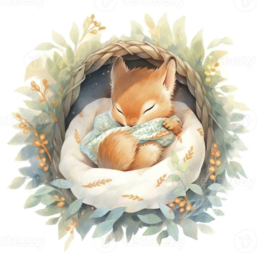 AI generated A sleepy baby squirrel in a bedding. watercolor illustration. AI Generated photo