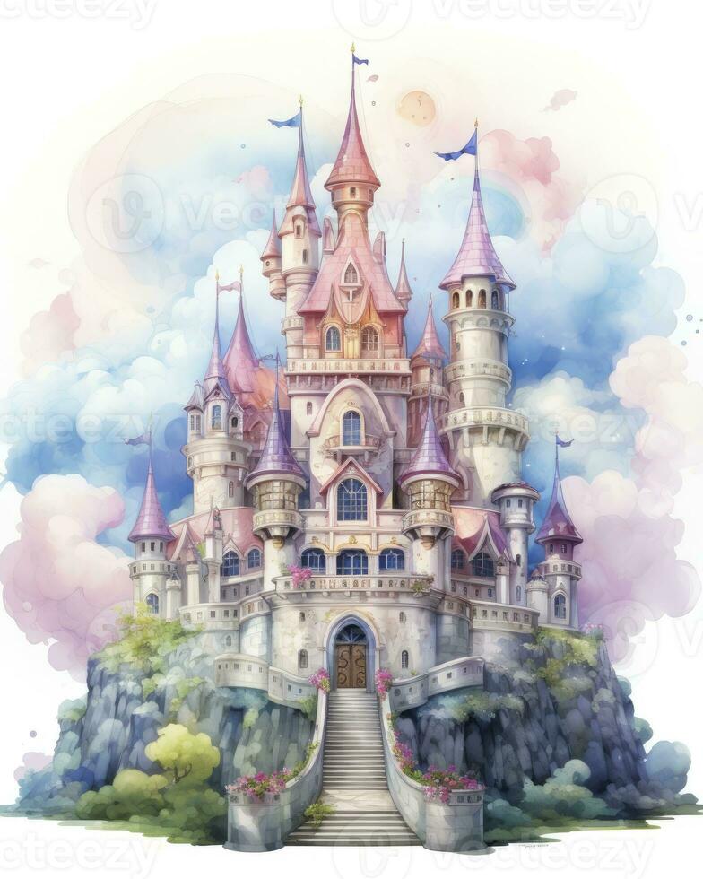 AI generated Colorful watercolor kawaii castle isolated on white background. AI Generated photo
