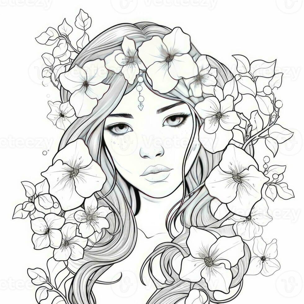 AI generated A girl on a coloring book page with Jasmine flowers. AI Generated photo