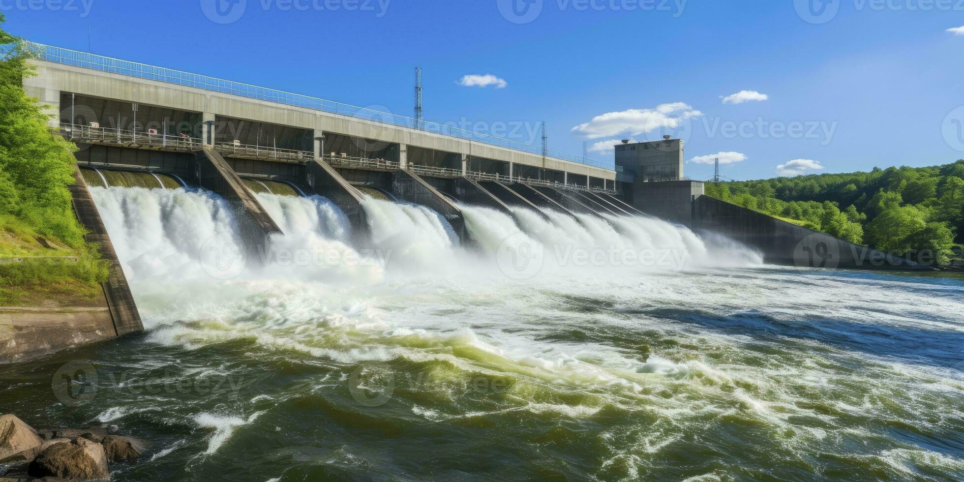 AI generated Hydroelectric dam generating green energy from flowing water.   AI Generated. photo