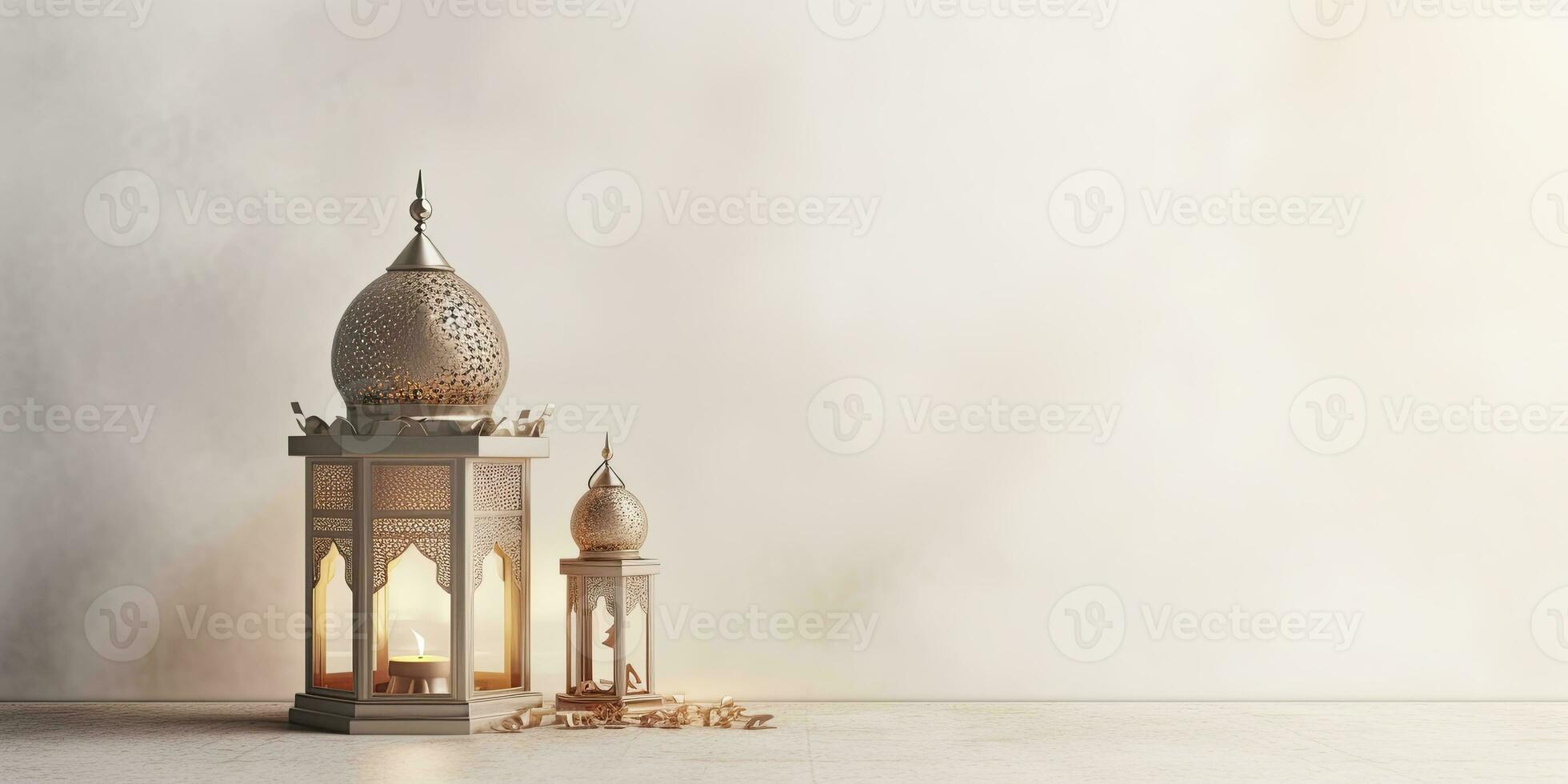 AI generated Celebration of islamic eid mubarak and eid al adha lantern in a light background. AI Generated photo