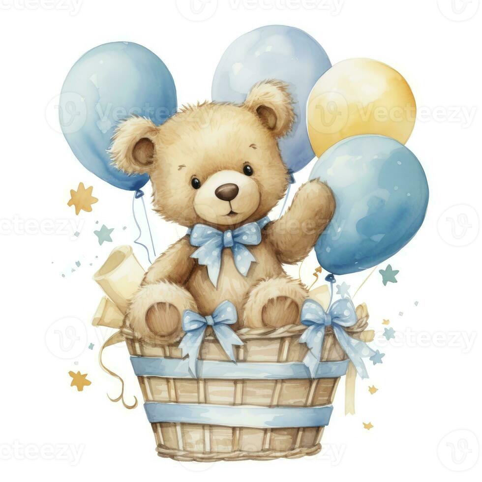 AI generated A watercolor baby teddy bear is sitting in the basket with blue and gold balloons. AI Generated photo