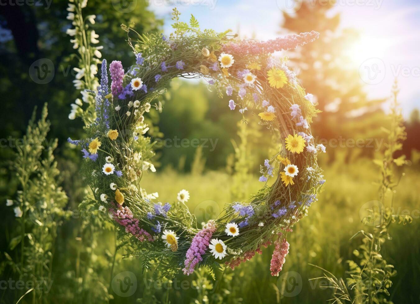 AI generated Rustic wildflowers wreath on a sunny meadow. Summer Solstice Day, Midsummer concept. Generative AI photo