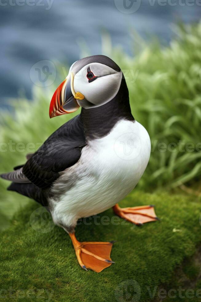 AI generated Puffin bird on a green grass patch. AI Generated photo