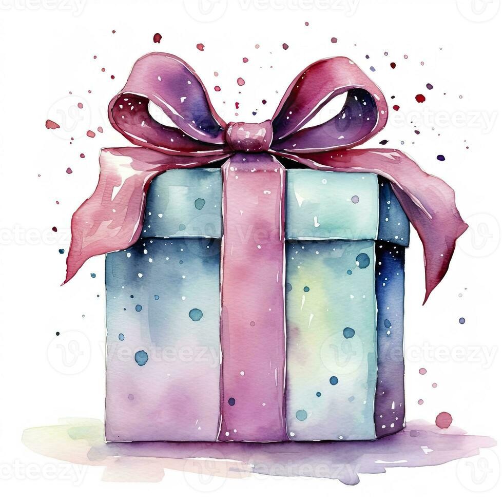 AI generated Watercolor birthday present with bow isolated on white background.  AI Generated photo