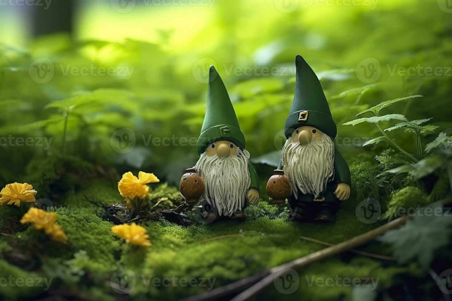 AI generated Toy Irish gnomes in a mystery forest, abstract green natural background. Generative AI photo