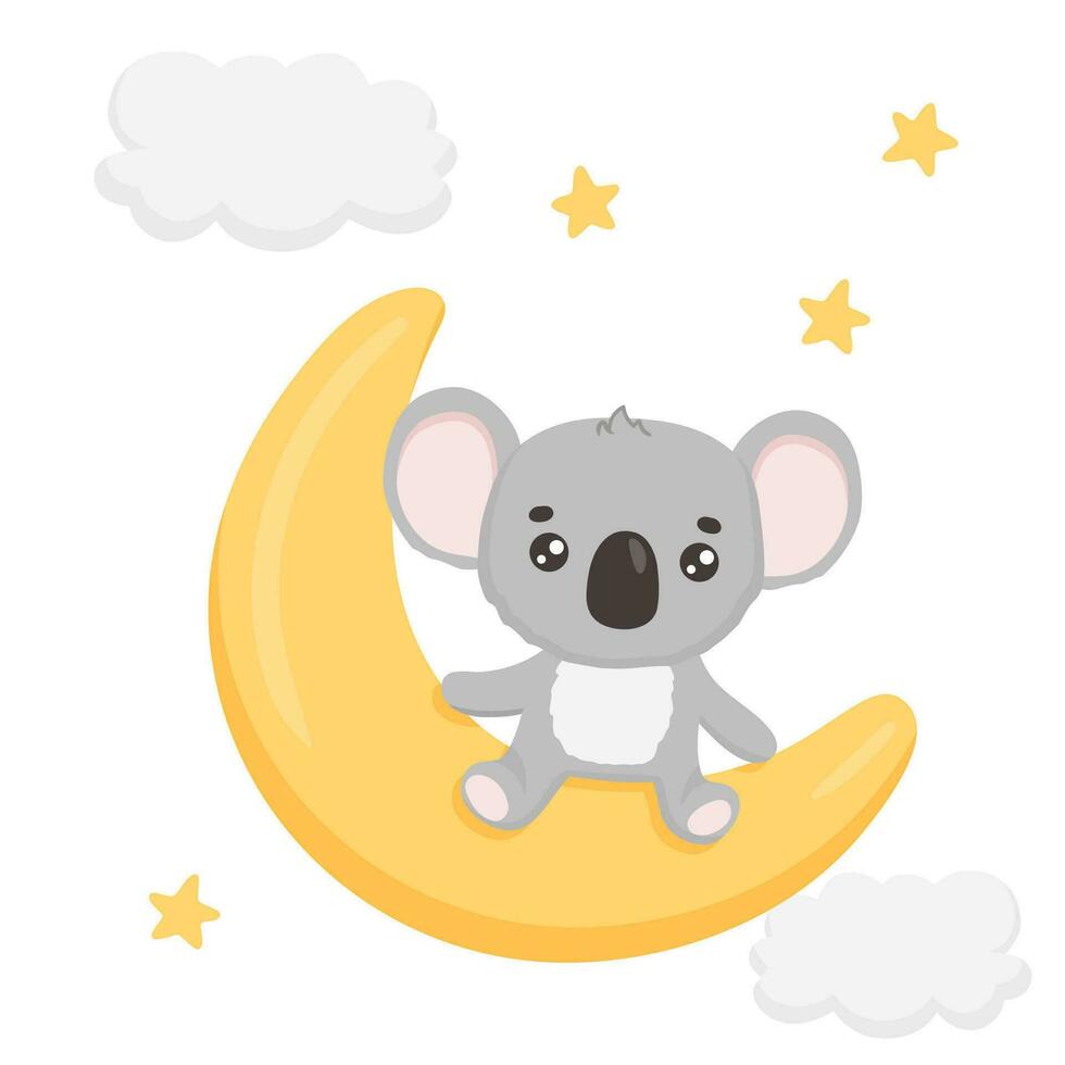 linda coala en creciente Luna y estrellas. gracioso infantil ilustración para ropa, tela, guardería, bandera. mano dibujado bebé coala en cielo aislado en blanco vector