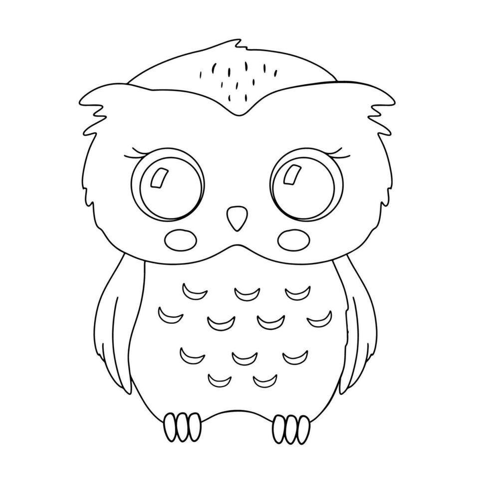 Cute little owl line. Vector outline sketch for childish coloring book. Baby bird for kids