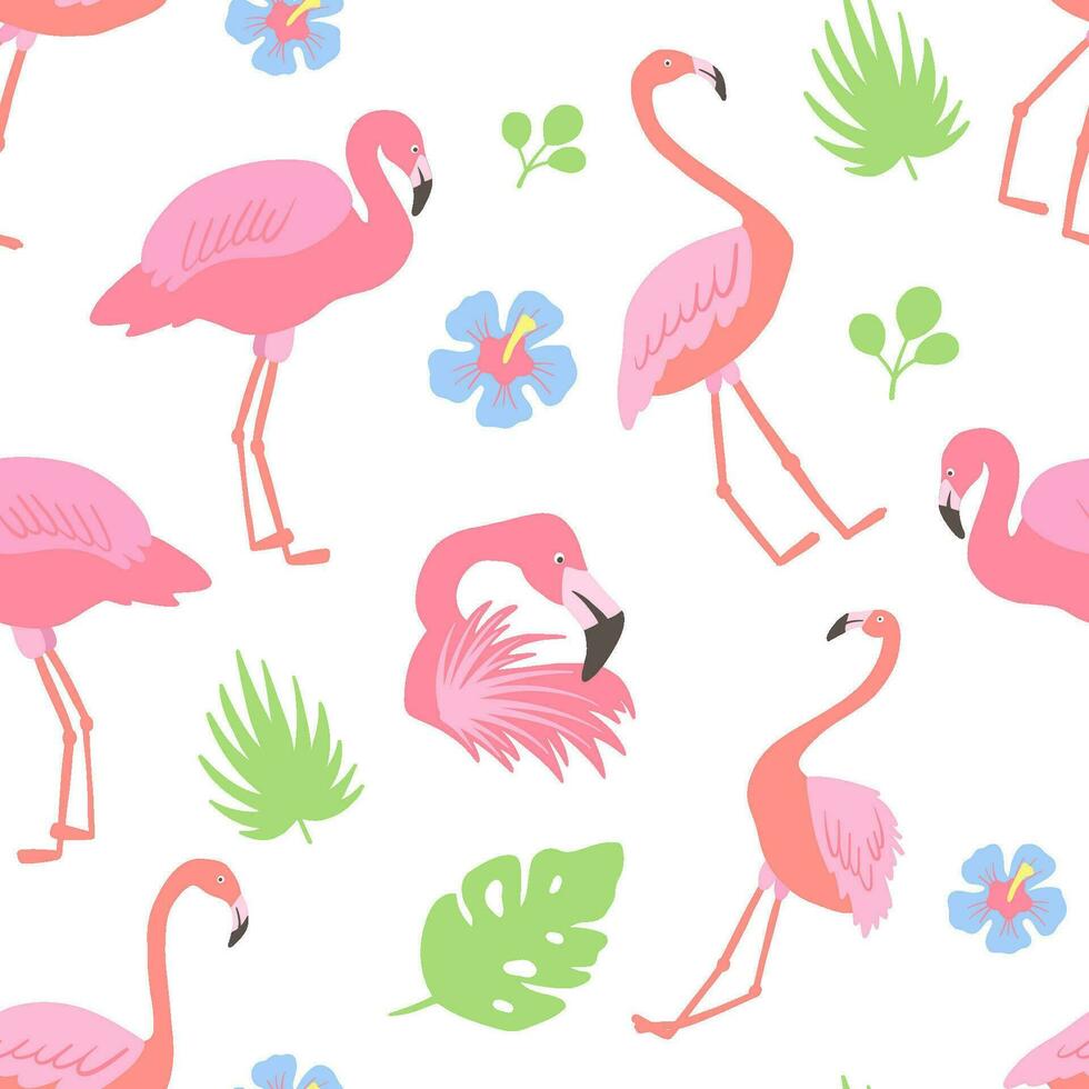 Vector Seamless pattern with pink flamingo and tropical leaves.