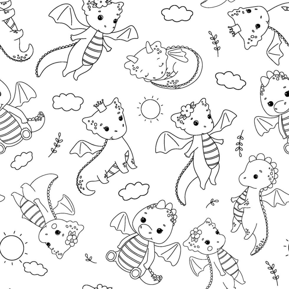 Seamless pattern with cute dragon with crown on white background. Outline vector cartoon character. Childish line illustration