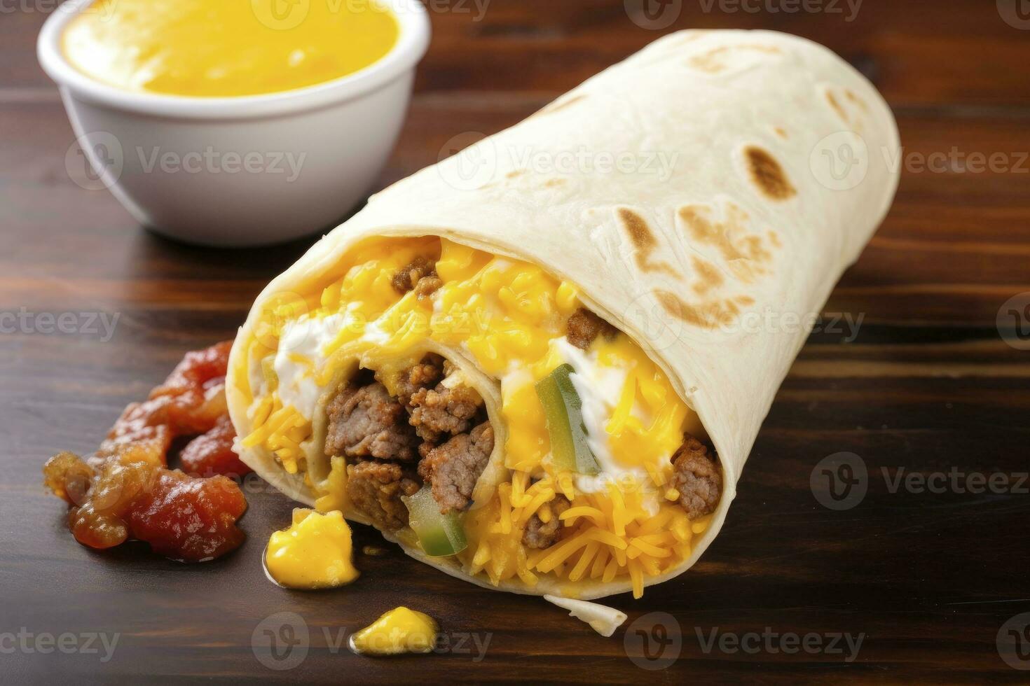 AI generated Breakfast burrito with sausage, eggs, hashbrown and cheese. AI Generated photo