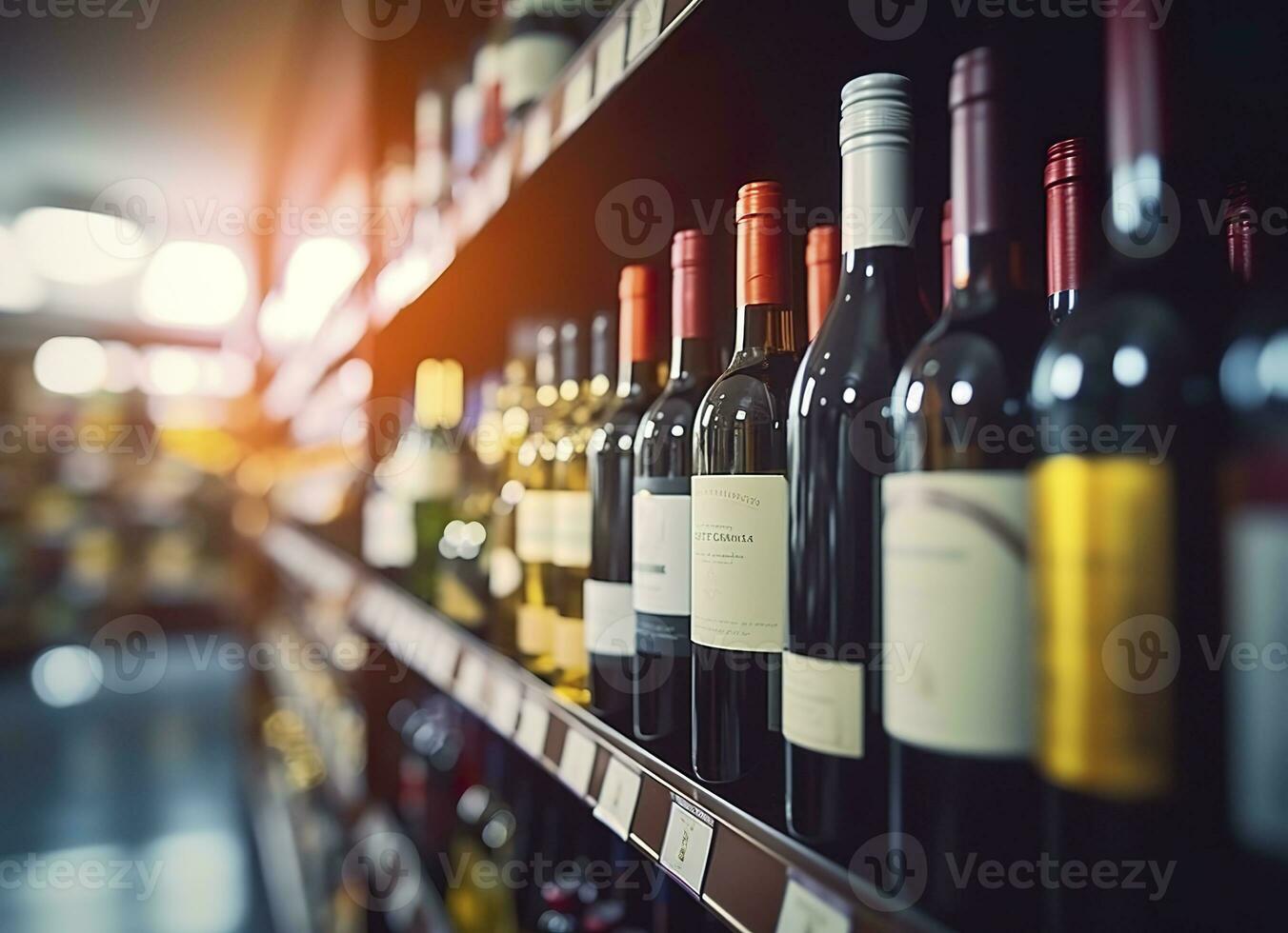 AI generated Abstract blur wine bottles on liquor alcohol shelves in supermarket store background. Generative AI photo