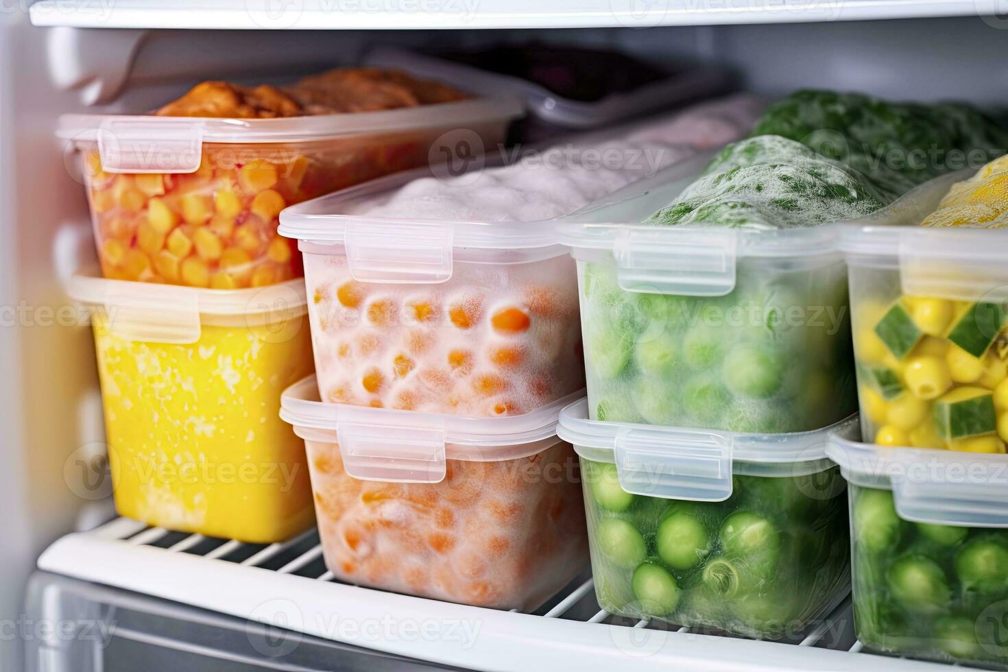 AI generated Frozen food in the freezer. Frozen vegetables. AI Generated photo