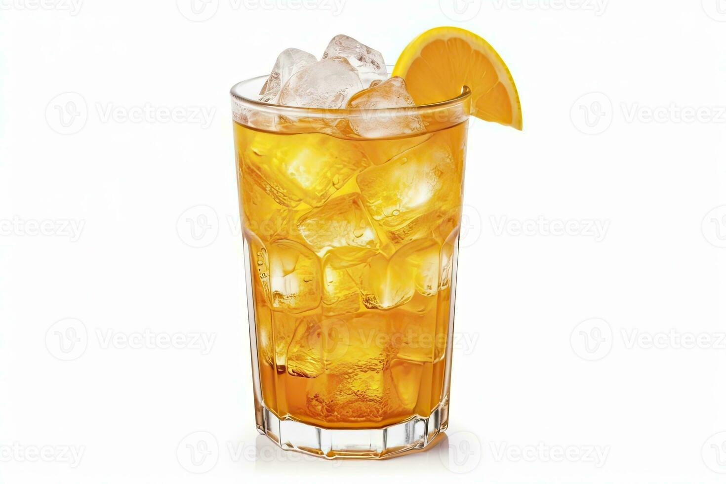 AI generated A glass of orange soda water with ice cubes on white background. AI Generated photo