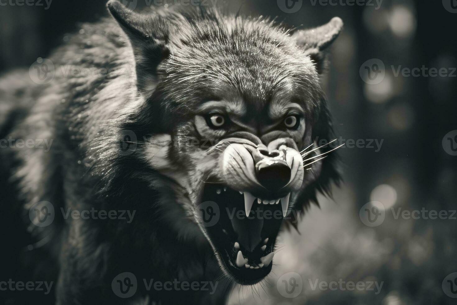 AI generated Greyscale closeup shot of an angry wolf with a blurred background. AI Generated photo