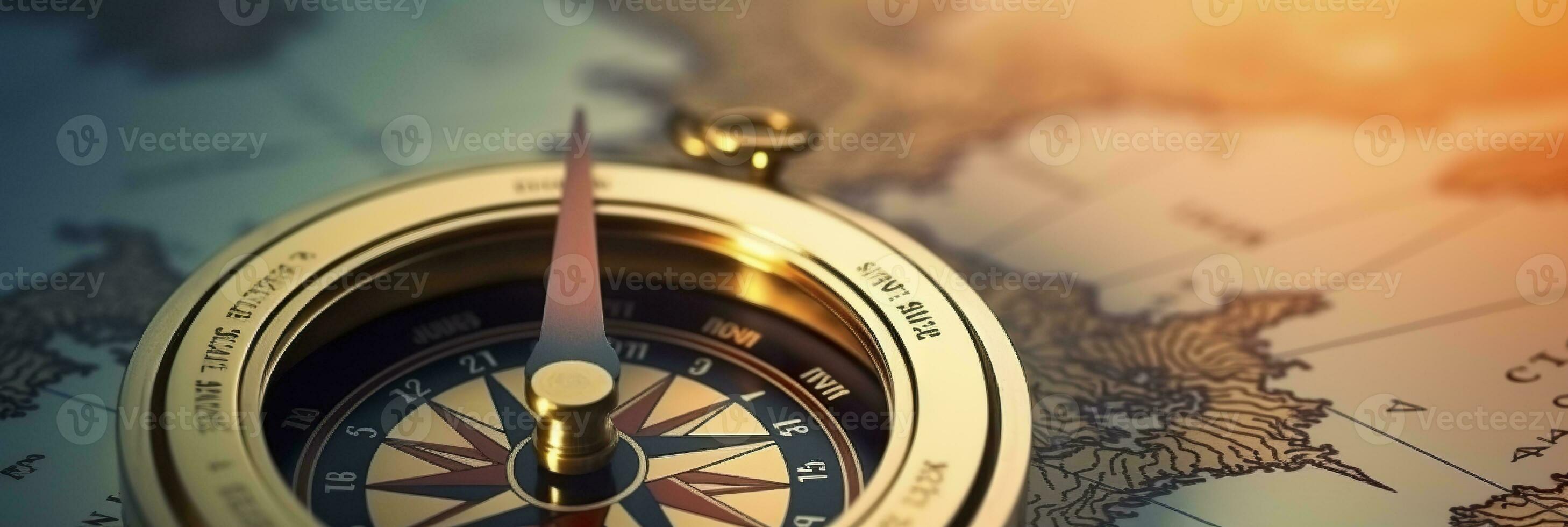 AI generated Magnetic compass and location marking with a pin on routes on world map. AI Generated photo
