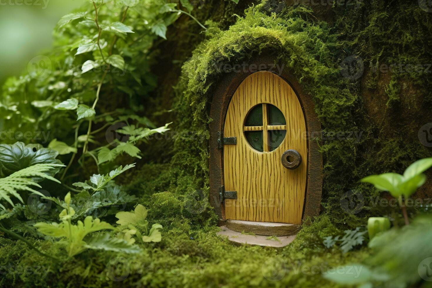 AI generated Little magic wooden fairy doors and plants leave on a mossy natural green background. AI Generated photo