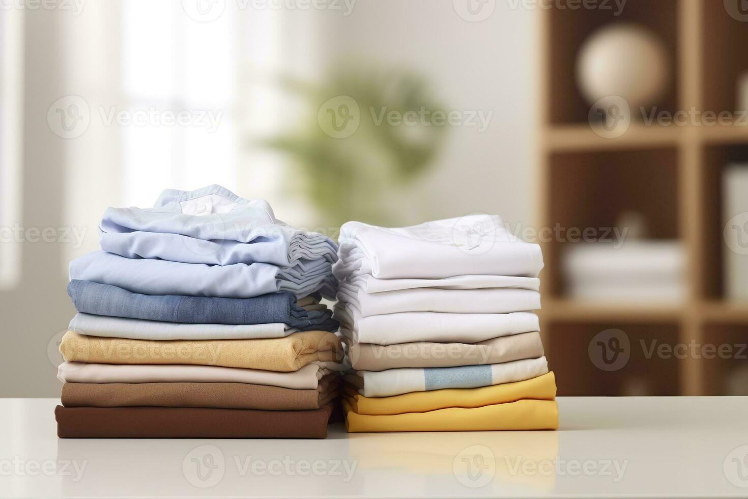 AI generated Stack of clean clothes on table in room. Generative AI photo