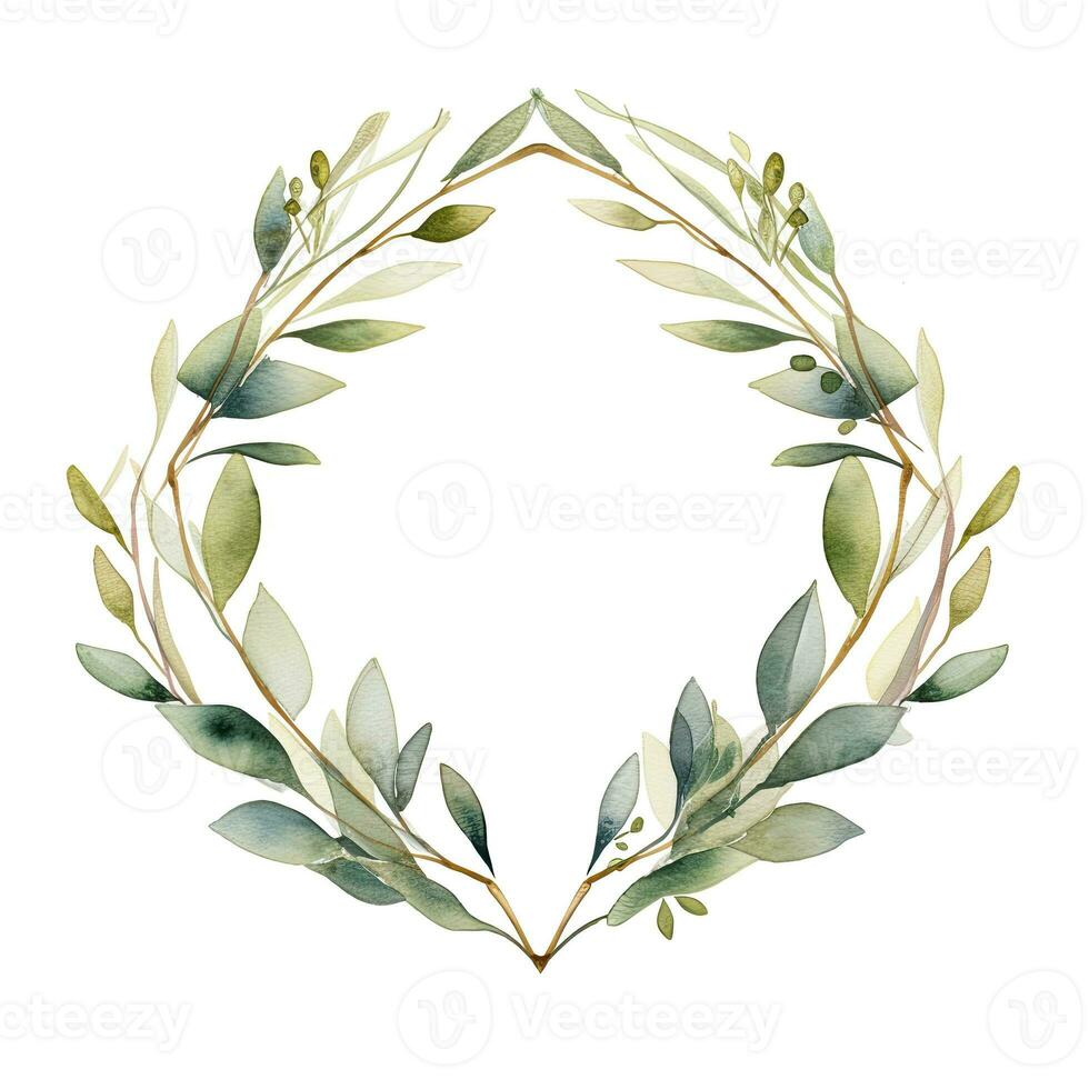 AI generated Watercolor geometry shape wreath with green leaf. AI Generated photo