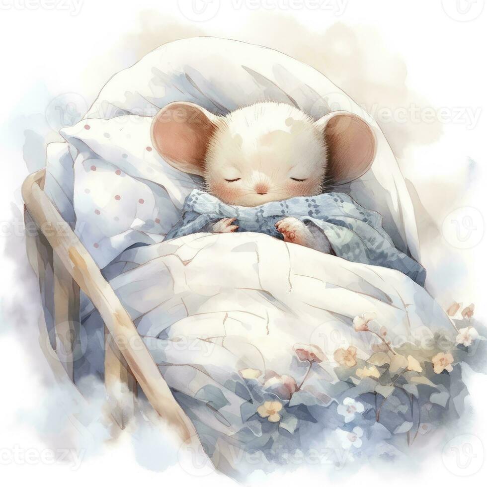 AI generated A sleepy baby mouse in a bedding, watercolor illustration.  AI Generated photo