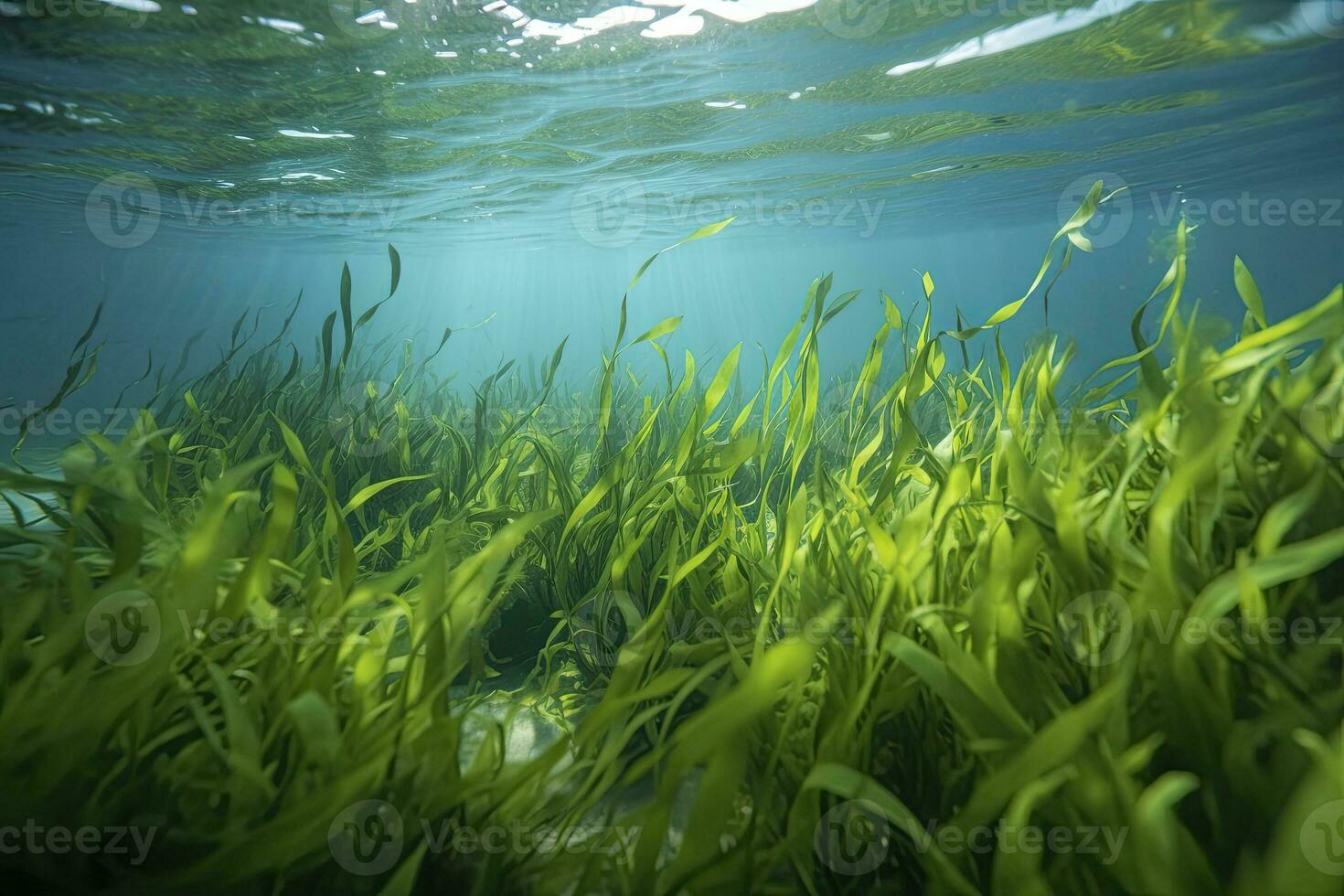 AI generated Underwater view of a group of seabed with green seagrass. AI Generated photo