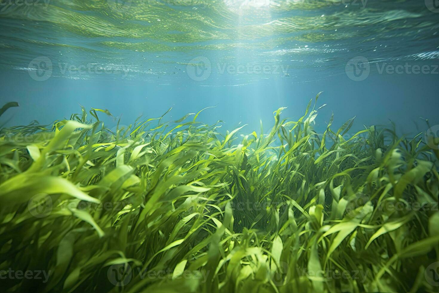 AI generated Underwater view of a group of seabed with green seagrass. AI Generated photo