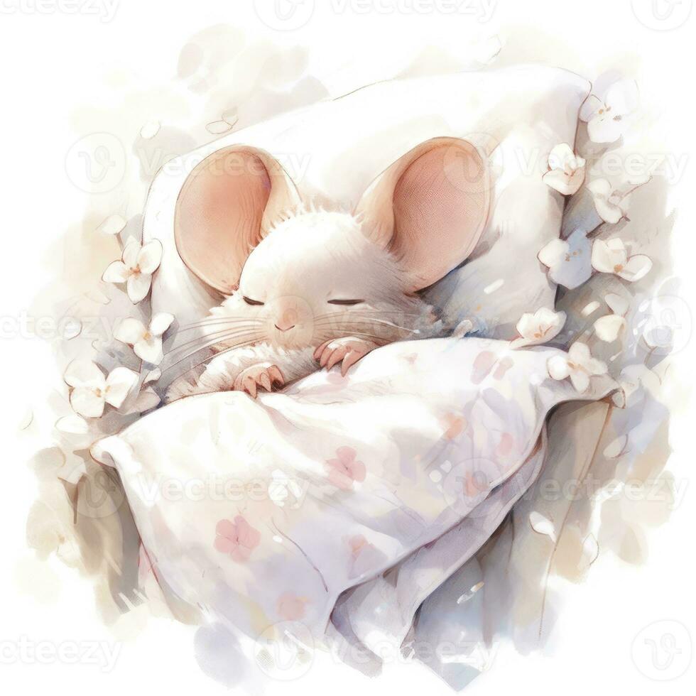 AI generated A sleepy baby mouse in a bedding, watercolor illustration.  AI Generated photo