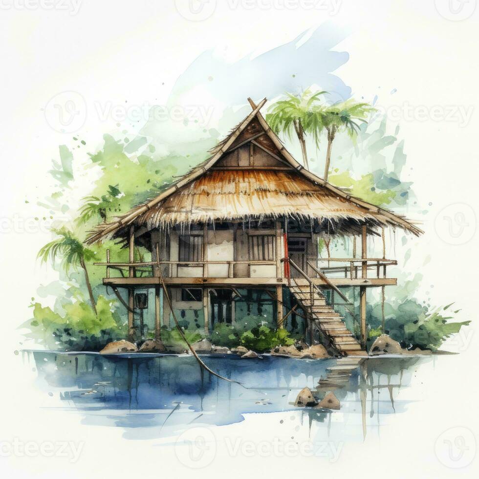 AI generated A watercolored bright serene image of a traditional bahay kubo. AI Generated photo