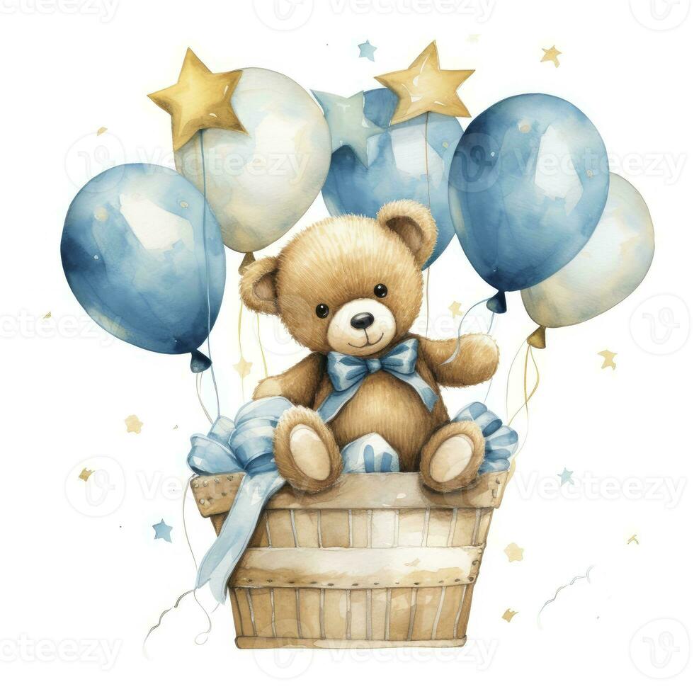 AI generated A watercolor baby teddy bear is sitting in the basket with blue and gold balloons. AI Generated photo