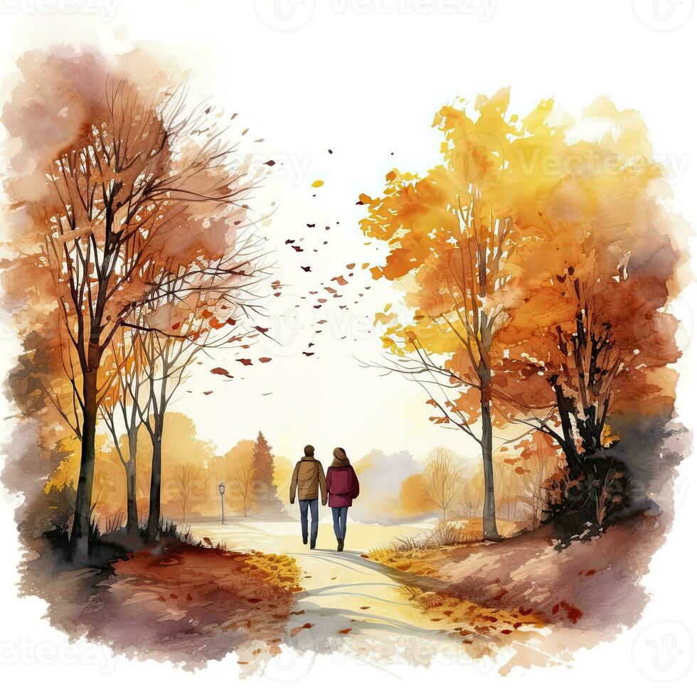 ai generado acuarela otoño paisaje con un Pareja caminando. ai generado foto