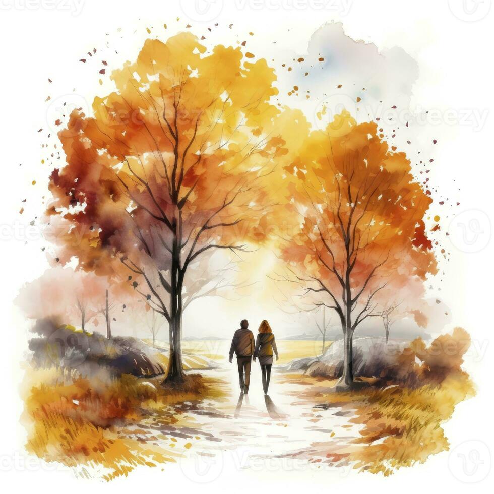 AI generated Watercolor autumn landscape with a couple walking. AI Generated photo