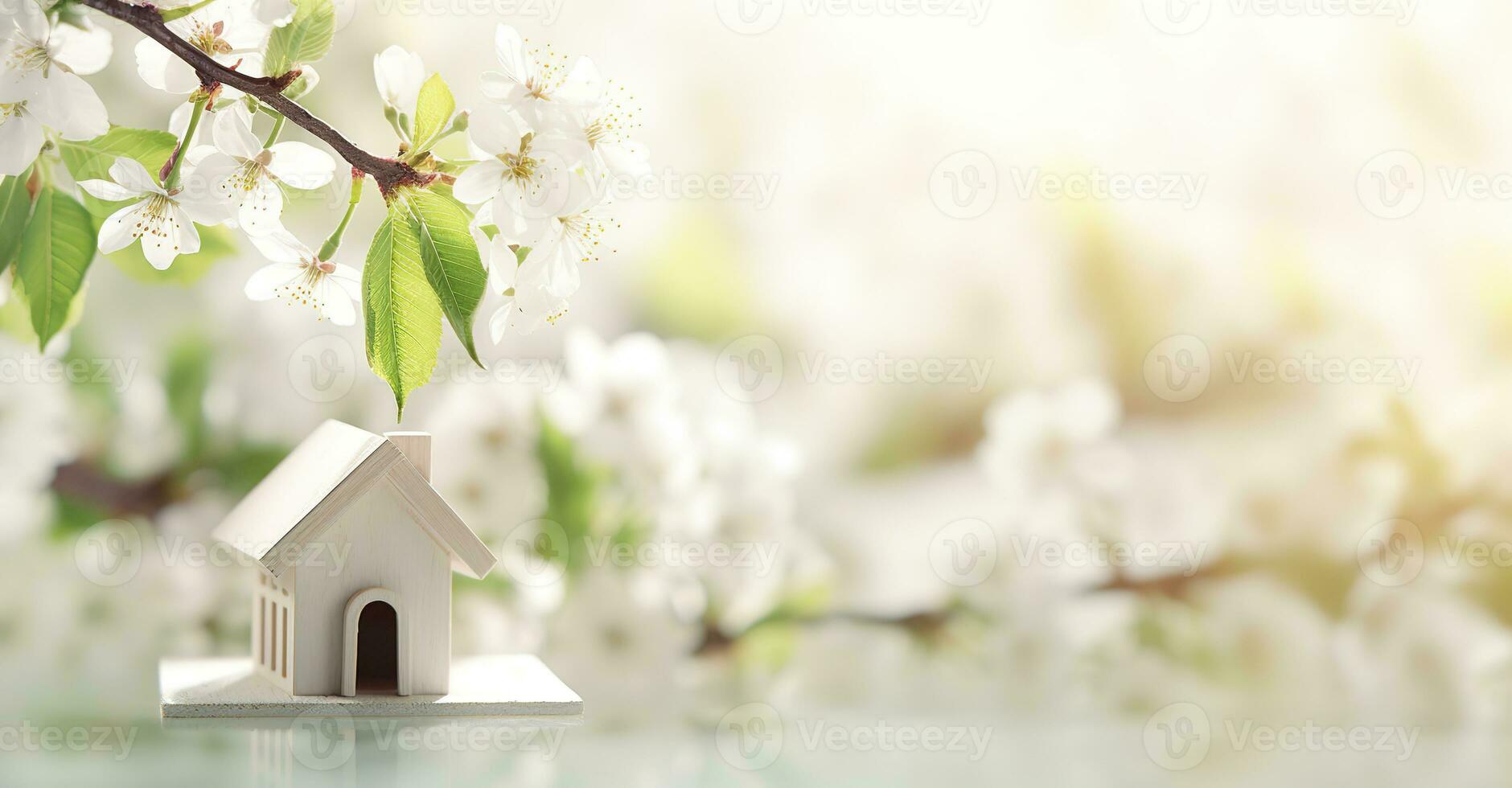 AI generated Toy house and cherry flowers, spring abstract natural background. Generative AI photo