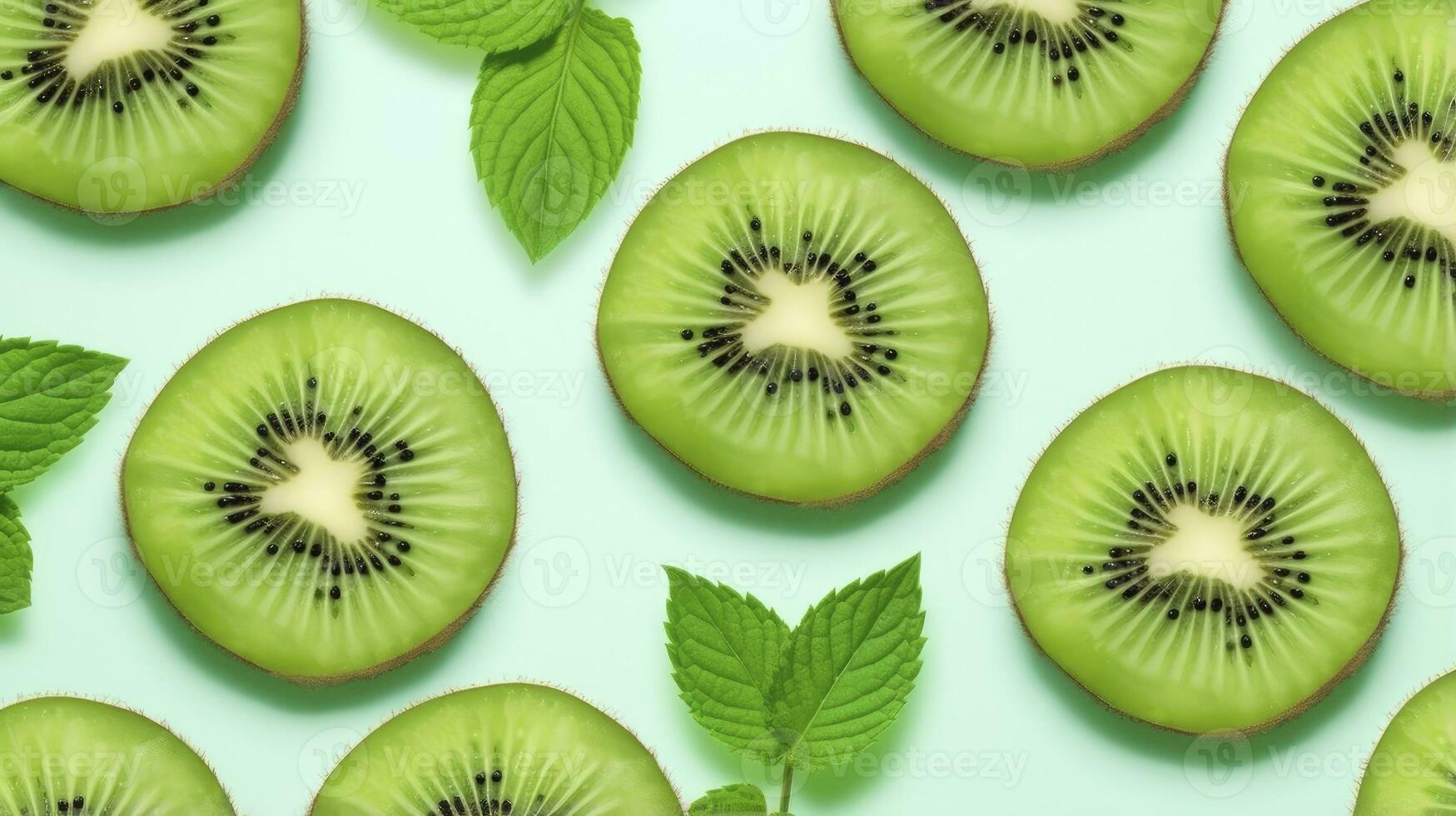 AI generated Slices of kiwi fruit and green mint leaves on a light pastel blue background. AI Generated photo