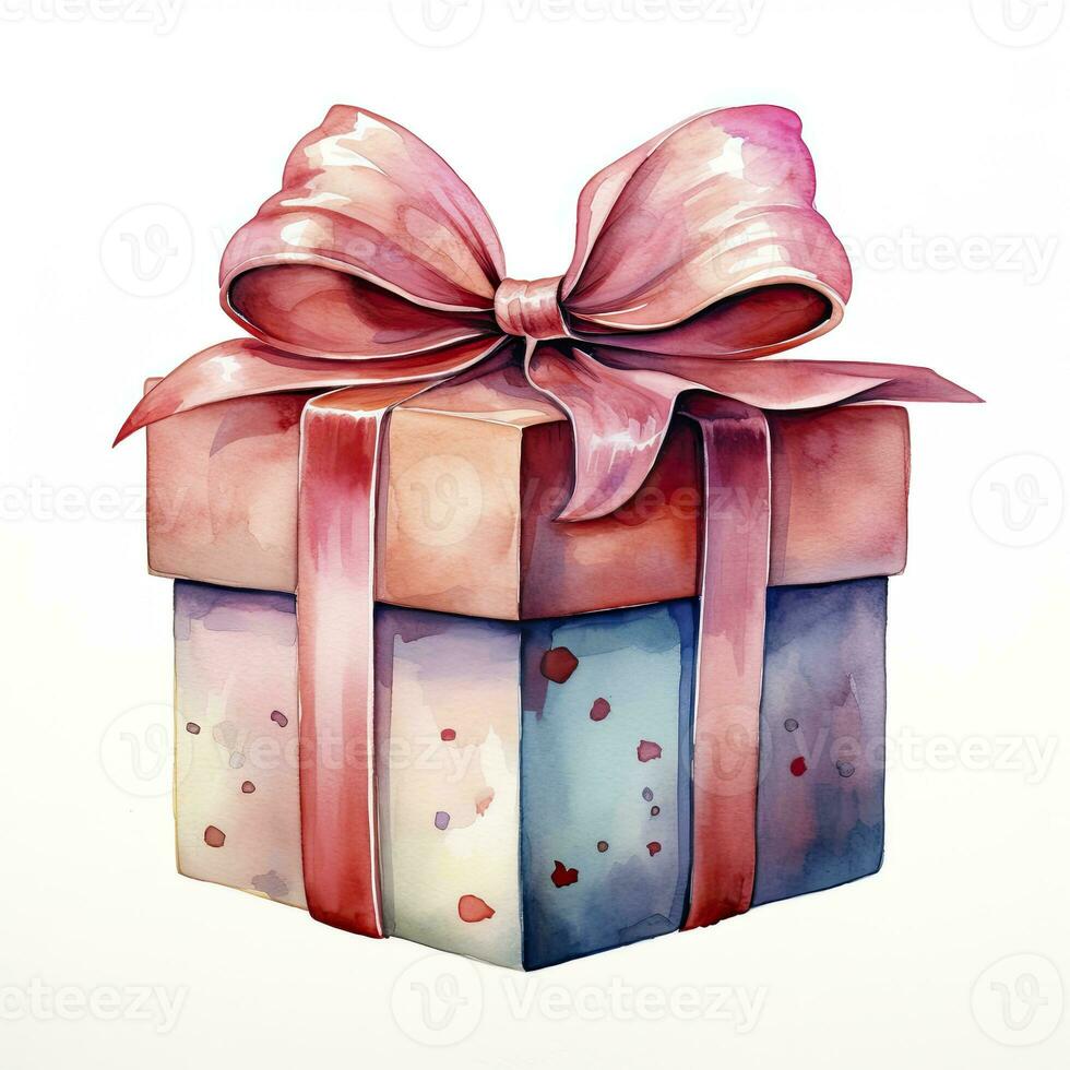 AI generated Watercolor birthday present with bow isolated on white background.  AI Generated photo