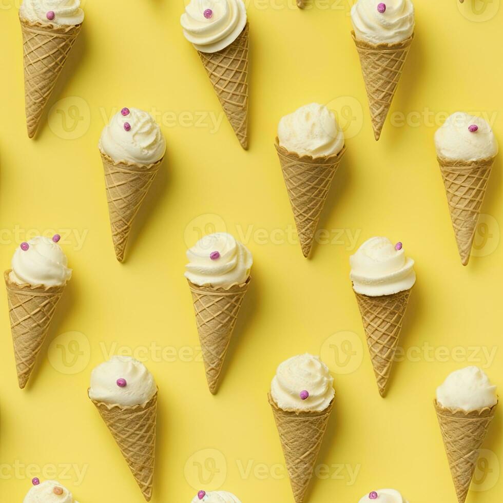 AI generated Ice Cream pattern on yellow background, top view. AI Generated photo