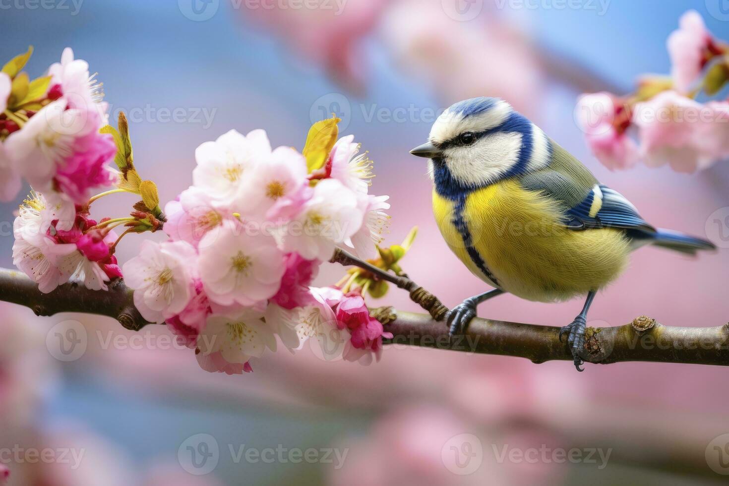 AI generated A Bluetit bird resting on the branch of a tree. AI Generated. photo